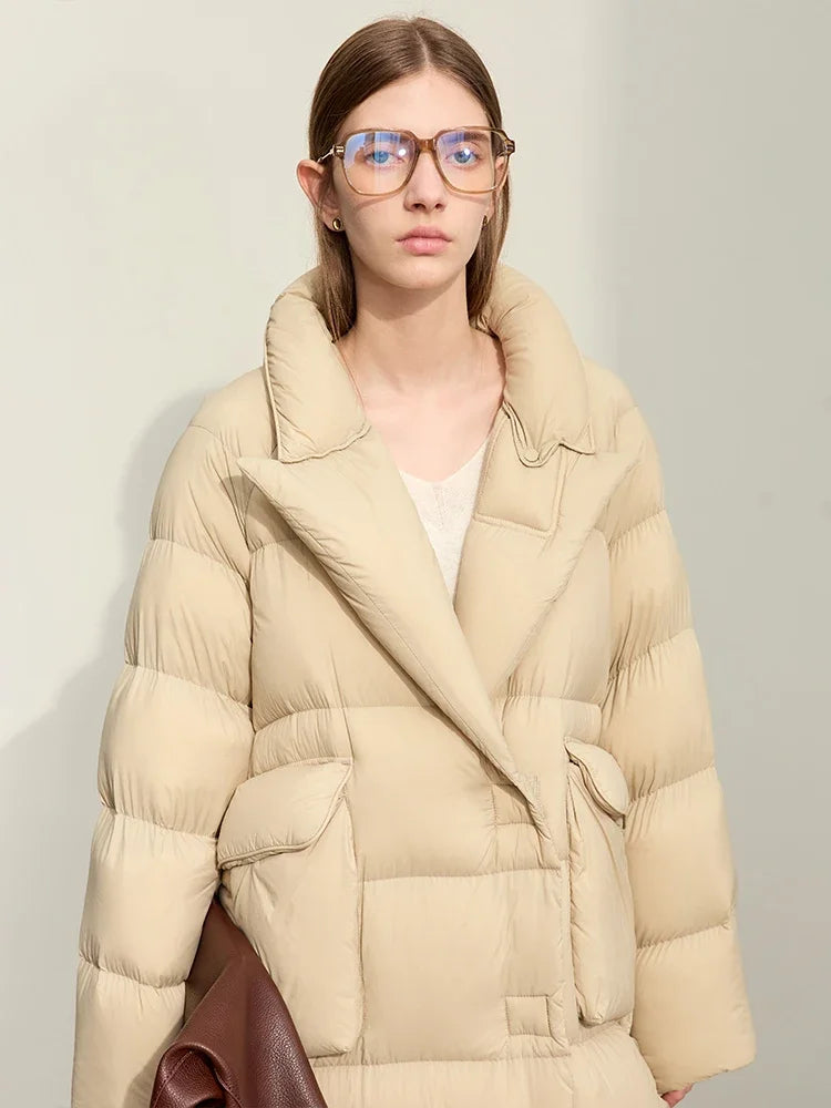 AMII Women's White Duck Down Coat 2026 Winter Long Down Jacket Female Single-breasted Blazer Collar Big Pocket Outwear 12344188