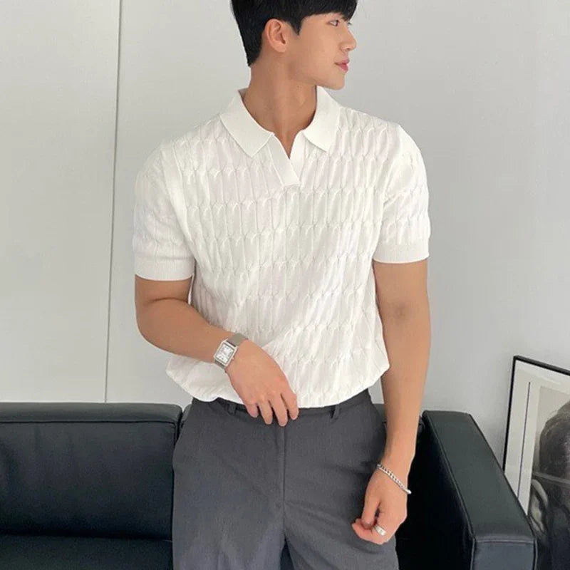 Jacquard Knitted Polo, Men's Casual V-neck Striped T-shirt, Solid Color Short Sleeve Lightweight Breathable Luxury Clothing