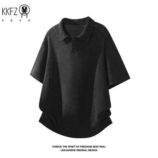 Mens Honeycomb Textured Polo Top Short Sleeve Lapel Neck Button Detail Loose Fit For Outdoor Leisure And Travel Outfit