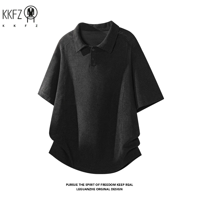 Mens Honeycomb Textured Polo Top Short Sleeve Lapel Neck Button Detail Loose Fit For Outdoor Leisure And Travel Outfit