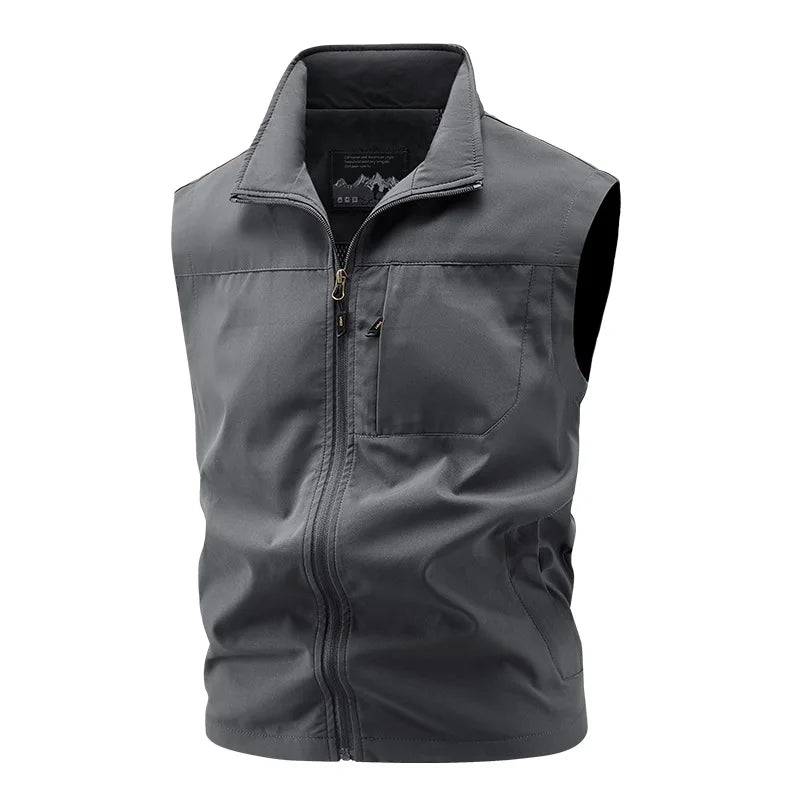 Men's Red Sleeveless Vest Jacket, Perfect for Summer Fishing or Casual Wear, Available in Blue, Black, Green, Beige, and Gray.