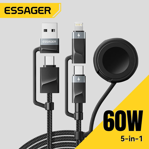 Essager 5-in-1 USB-A/Type-C to Type-C/Lighting/Watch PD 65W Fast Charging For IPhone16 15 14 Xiaomi MacBook iPad Tablet Laptop