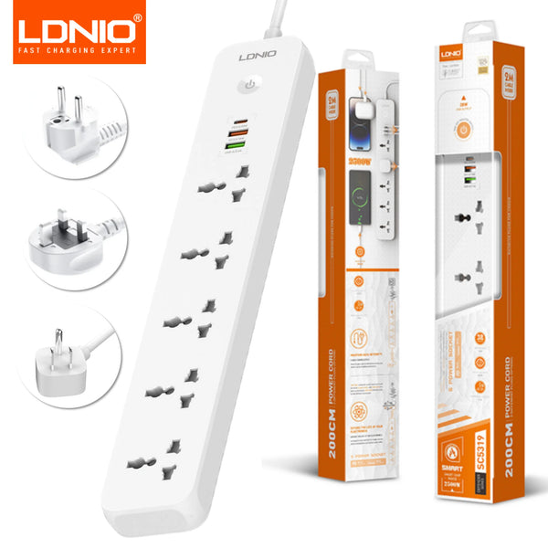 ឌុយភ្លើង LDNIO 2500W មានរន្ធដោត AC ចំនួន 5 និងរន្ធសាកថ្ម USB ចំនួន 3 ខ្សែបន្ថែម 2 ម៉ែត្រ សម្រាប់ផ្ទះបាយ ប្រើប្រាស់ក្នុងផ្ទះ ប្រើប្រាស់ជាមួយឌុយ EU UK US