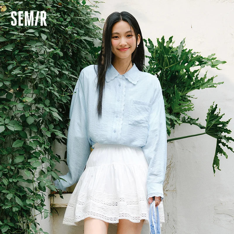Semir Relaxed Shirt Women 2026 Spring Mid Length Linen Like Texture Oversize Lace Casual Comfortable Daily Wear Blouse