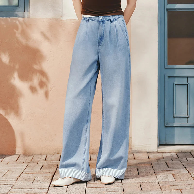 Semir Women Jeans Soft Cool Patchwork Striped Wide Leg Denim Pants 2026 Summer Trendy Loose