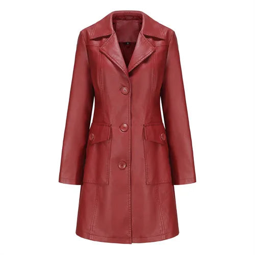 Women's Red Long Waist Lace-up Leather Jacket,2026 New Black Lapel PU Windbreaker Jacket Fashion Female Single-breasted Overcoat