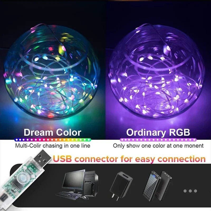 LED Fairy Light String Led Wire String Light Bluetooth APP Remote Control PVC Wire Dream Color Light Garden Party Wedding Decor