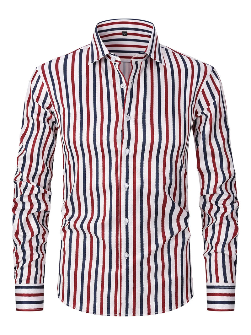 2026 Men's Pink Long-Sleeve Striped Shirt, White Single-Breasted Lapel Shirts, Available in Black or Blue.