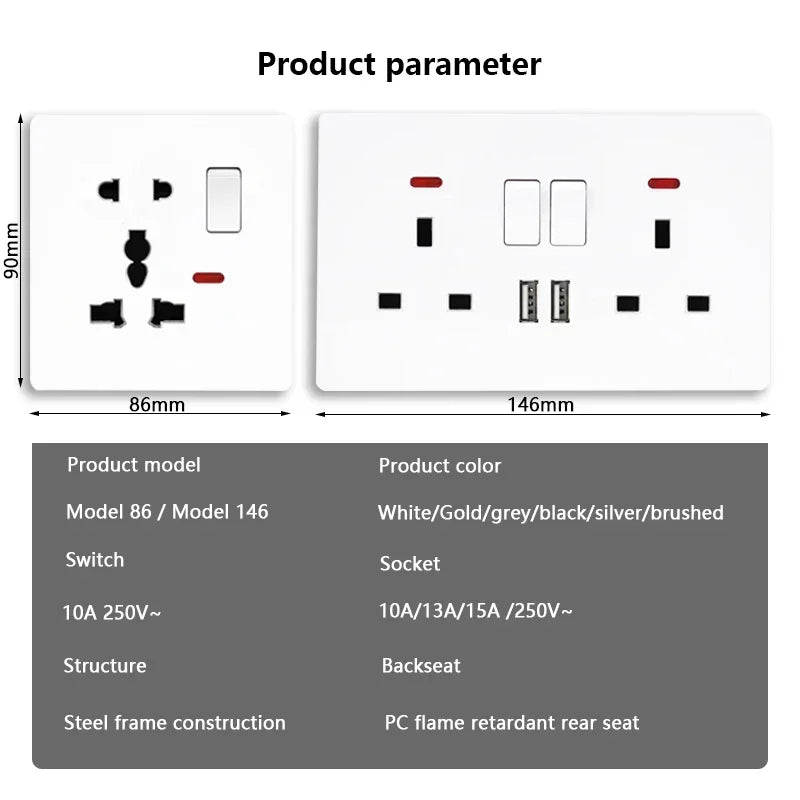 UK Standard Power Socket 13A Dual USB Plug Type-C Wall Outlet,1/2/3gang 2way Switch, White Universal 5pin Wall electrical socket