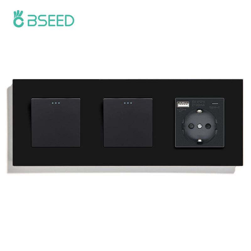 BSEED EU Standard Wall Button Switches Double 1Gang 1Way Wall Power Sockets USB Charger Glass Panel Type-C Socket Outlets
