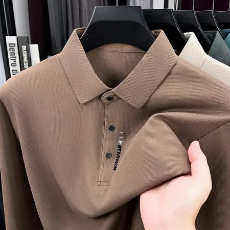 Spring Autumn Mens Lapel Polo Tops High Elastic Wrinkle Resistant Material Simple Chest Letter Print Slim Fit Menswear