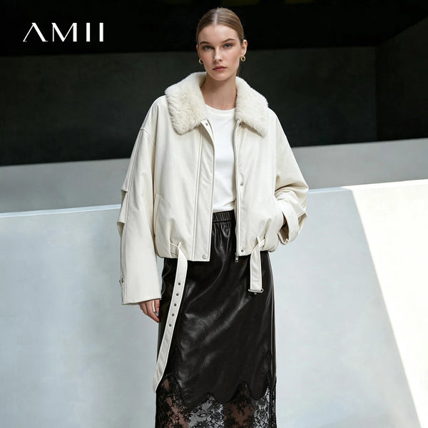 Amii Down Coats 2026 Winter New Wool Lapel With Belt Down Jacket Loose Drop Shoulder Cropped Women's Outerwear Top 12654032