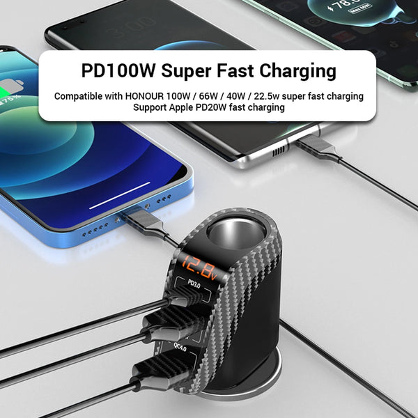 ឆ្នាំងសាករថយន្ត USB 100W សាកលឿន QC3.0 QC4.0 PD3.0 SCP 4 ក្នុង 1 សាកថ្មលឿនសម្រាប់រថយន្ត iPhone 12 13 Xiaomi Huawei Samsung
