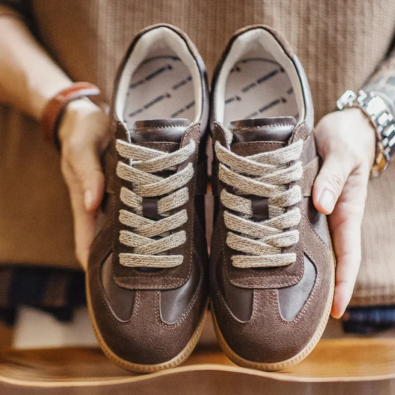 ស្បែកជើង Maden Classic Brown Spliced German Trainer Shoes Flat Low-top Sneakers សម្រាប់បុរស និទាឃរដូវ និងរដូវស្លឹកឈើជ្រុះ ស្បែកជើងកីឡាបែបខ្សែចង
