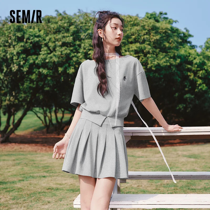 Semir Women Set Short Length Pleated Skirt Oblique Shoulder Slit Top Embroidered Sexy 2026 Summer Casual Fashion Top