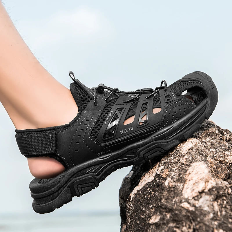 Summer Mens Outdoor Leather Sandals For Men Cover Toes Sandals Size 38-46 Anti Slip Rubber Soles Black Sandal Dropshipping