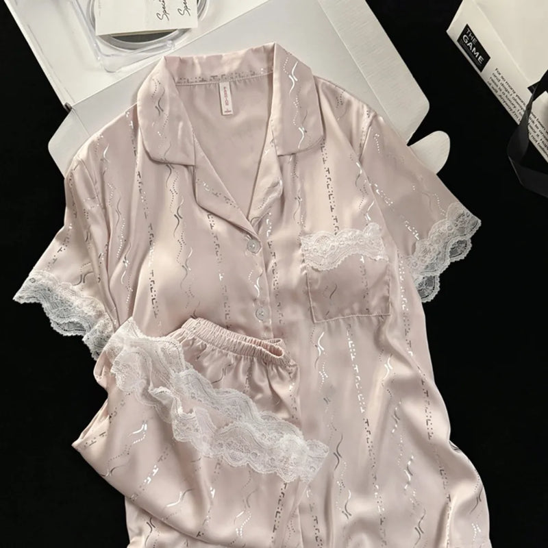 2 Piece Pajamas Set for Women Summer Chest Pads Loungewear Elegant Short Sleeve Button Lapel Collar Top New Women's Sleepwear
