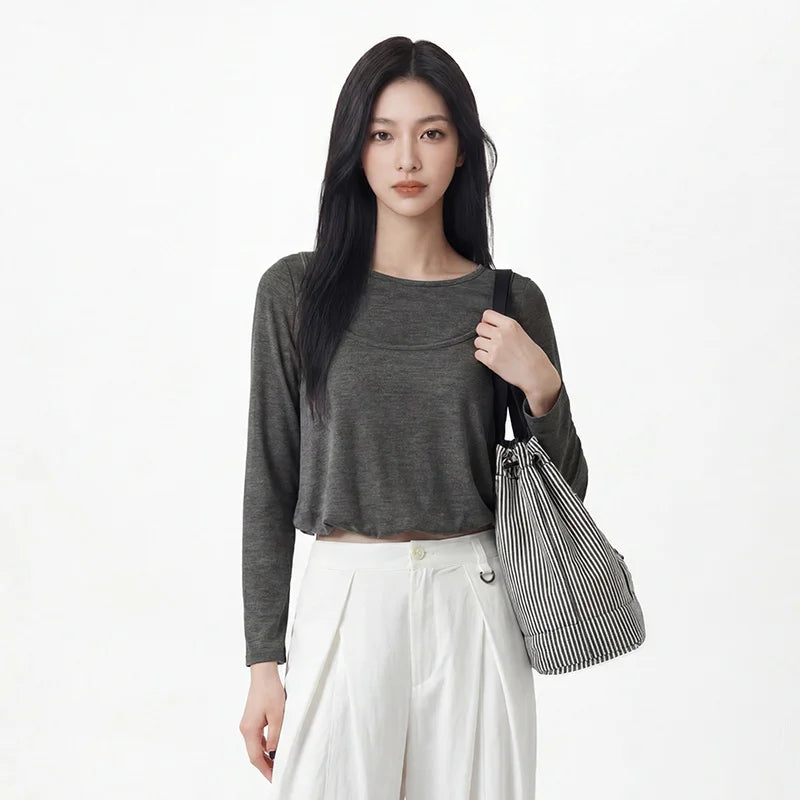 Semir Women Tshirt Long Sleeve Short Faux Two Piece Bubble Hem Slim Solid Sweet Casual Autumn Top Daily Wear 2026