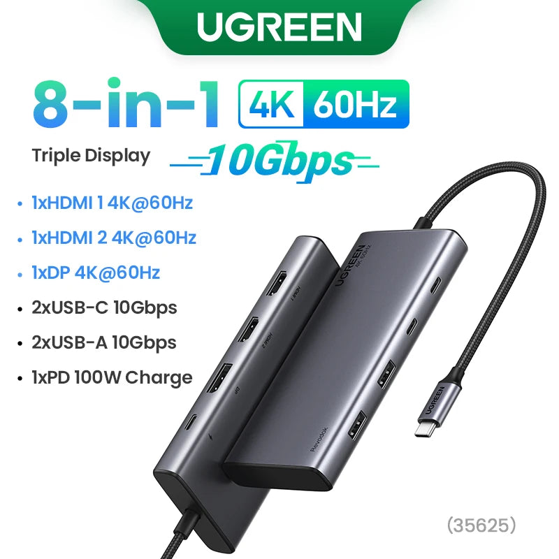 UGREEN USB C HUB 10Gbps Triple Display 4K HDMI Adapter 8-in-1 Splitter with HDMI DP USB3.2 PD 100W Dock for MacBook Pro Air PC