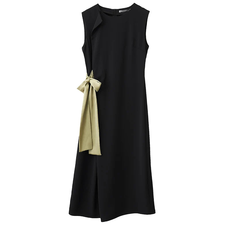 Amii Sleeveless Women's Dress 2026 Summer New Color Block Tie Detail O-Neck Elegant Office Casual Midi Womens Dresses 12642188