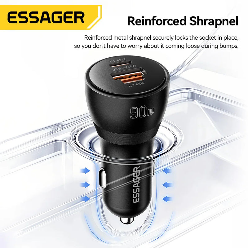 Essager 90W USB Type-C Car Charger PD QC SCP AFC PPS 45W Fast Charging Mini Car Phone Charger For iPhone18 17 Pro Samsung Xiaomi