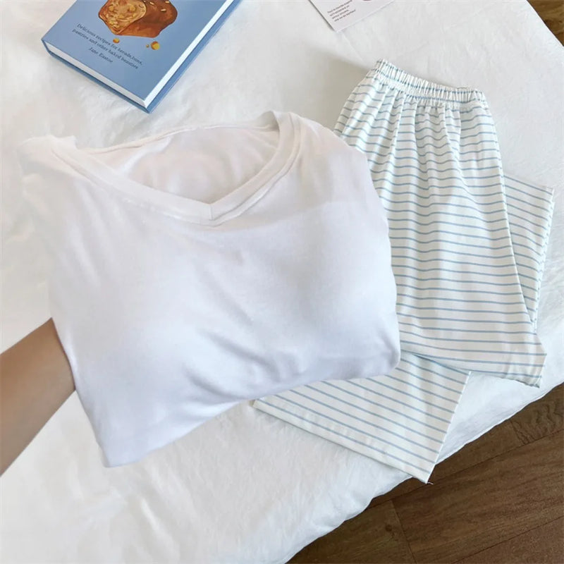 New Chest Pads Sleepwear Home Suit 2 Piece Spring Autumn Long-sleeved Trousers V-neck Loungewear Casual Pajamas Homewear