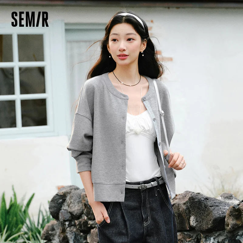 Semir Layered Jacket Women 2026 Spring Short Crew Neck Striped Spliced Loose Drop Shoulder Embroidered Casual Fashion Top