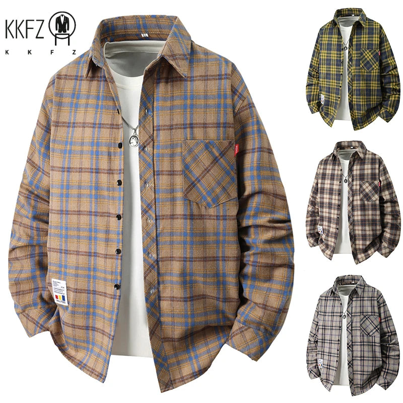 Soft Breathable Check Pattern Shirt Loose Fit Turn Down Collar Pocket Label Autumn Daily Men Casual Outer Blouse