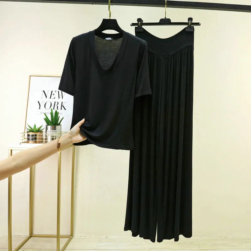 Soft Modal Sleepwear Women's Summer Pajamas Thin T Shirt Wide Leg Pants Set Loose Large Size Home Clothes  M-6XL Pijamas