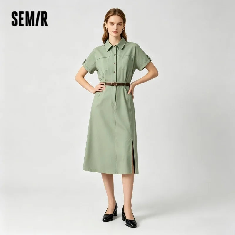 អាវរ៉ូបស្ត្រី Semir កអាវកប្បាសរន្ធខ្សែក្រវាត់មីឌីស្លីមវីនថេចសម្លៀកបំពាក់ទីក្រុងសម្រាប់ធ្វើការរដូវក្តៅឆ្នាំ ២០២៦ អាវការិយាល័យទាន់សម័យ