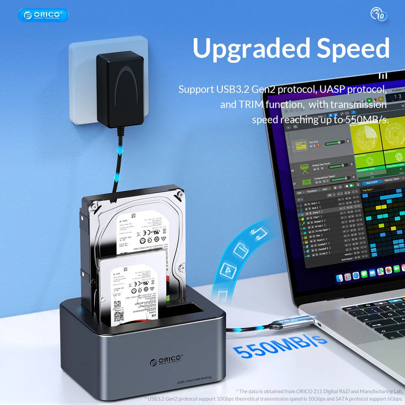 ORICO Aluminum Dual-bay Hard Drive Station Type-C 10Gbps with Offline Clone 2.5/3.5" HDD Case Heat Dissipation Stronger