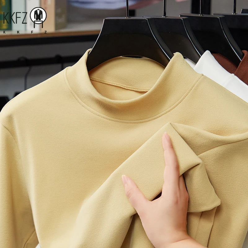 Mens Slim Mock Neck Base Shirts Light Warm Brushed Fabric Stretch Long Sleeve Tops For Daily Casual And Outer Matching