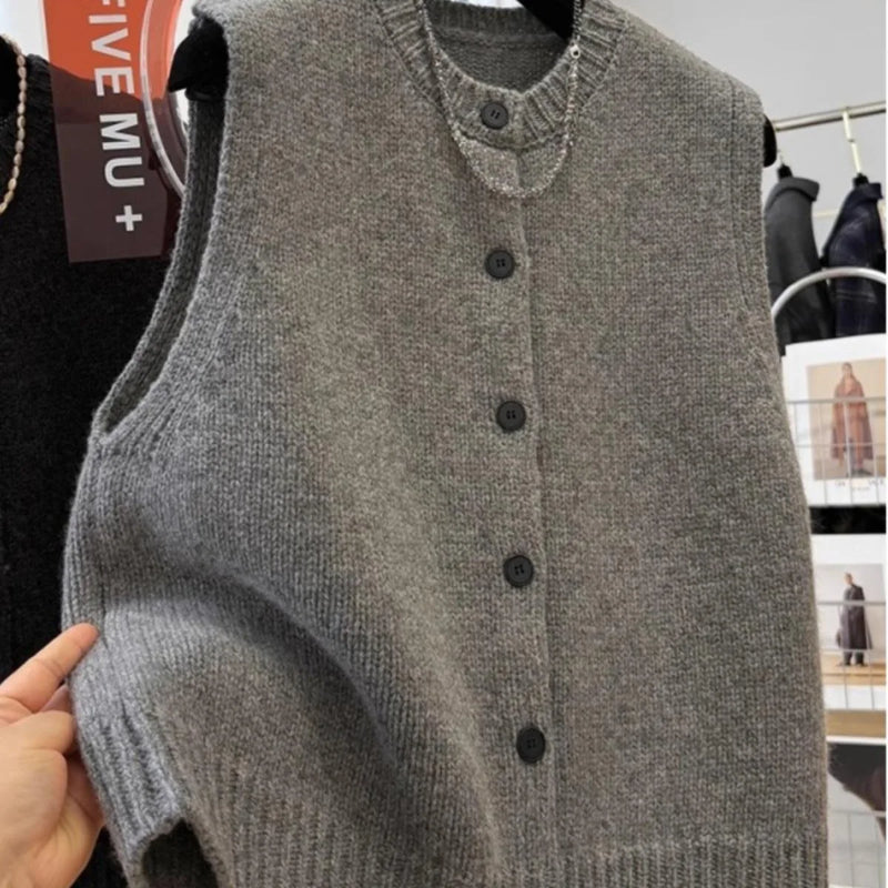 Fashion Spring and Autumn New Women's Knitted Vest Cardigan Stacked Sweater Sleeveless Top Waistcoat Ladies Buttons Jacket