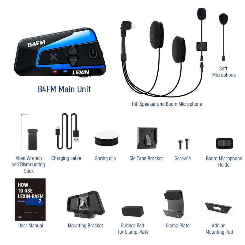 Lexin B4FM-X Bluetooth Motorcycle Intercom Helmet Headsets,BT 5.0 Wireless Communication Interphone Music Sharing 10 Riders