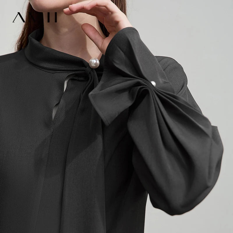 AMII Minimalist Women Evening Luxury Dress 2026  Autumn Collared Ribbon Mid Length A-Line Dress Office Lady Black Dress 12523082