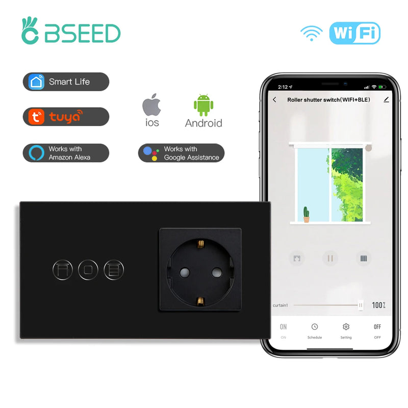 BSEED Wifi Touch Roller Shutter Switch With EU Standard Wall Socket USB Type-C Smart Wireless Blinds Switch Tuya Alexa Control