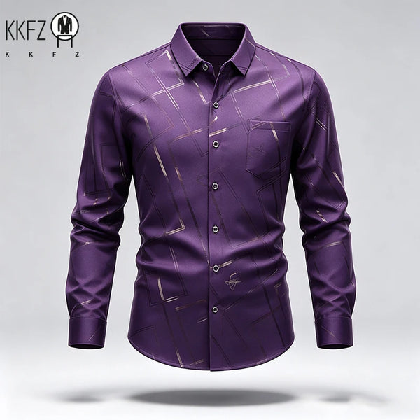 Mens Slim Long Sleeve Dress Shirt Soft Silky Fabric Classic Turn Collar Button Placket Daily Working Casual Outfit