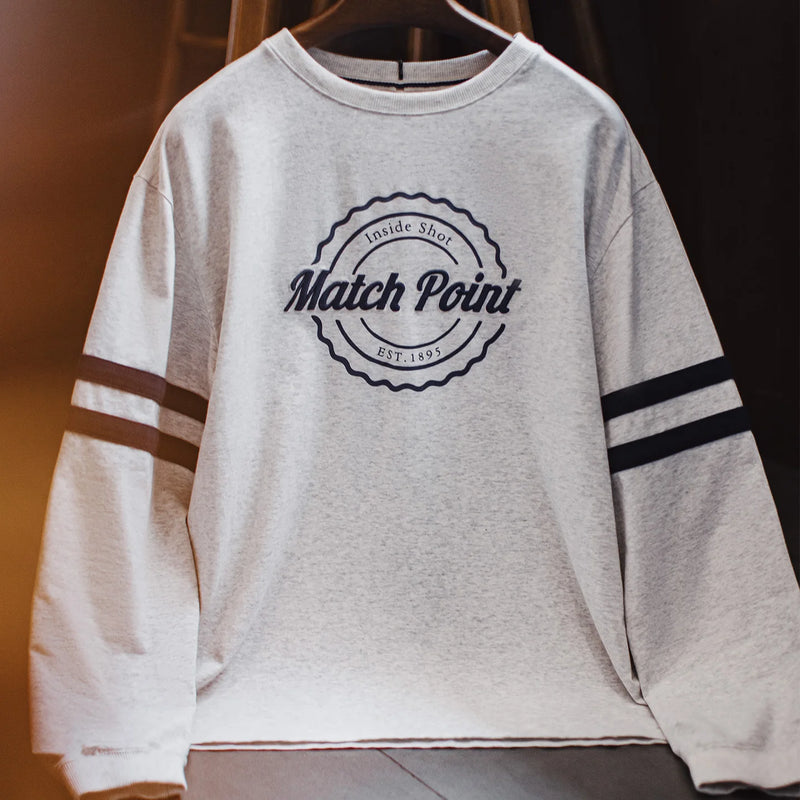 Maden Men‘s Retro Striped Embroidery Sweatshirt Grey Lightweight Crewneck Long Sleeve Top Thin Knit Pullover for Spring Autumn