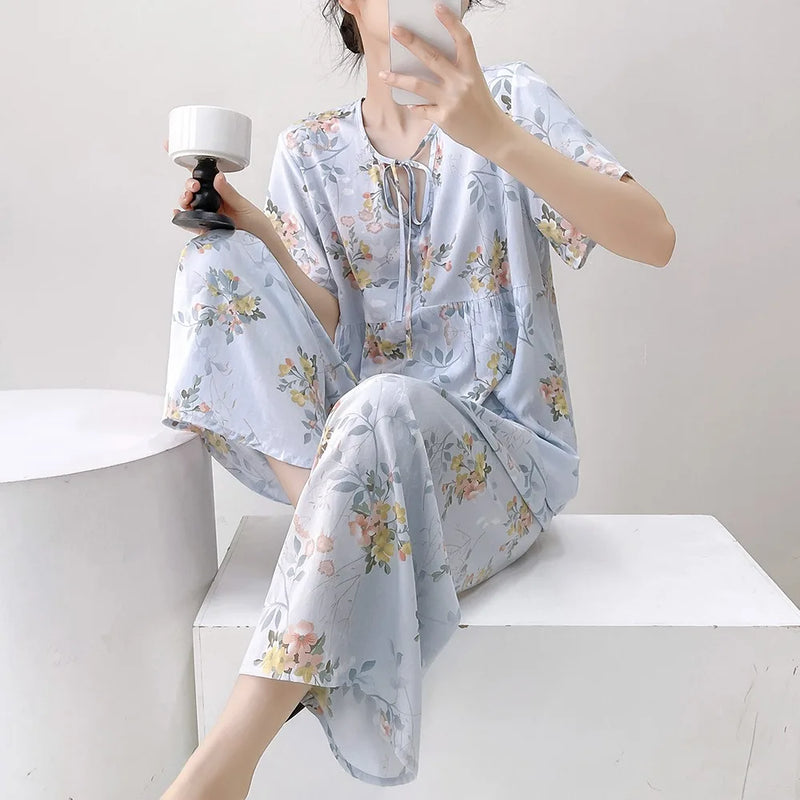 Women’s Summer Pajamas 2 Piece Sets Night Wear for Ladies Short Sleeve Sleepwear Homewear Floral Sleeping Wear for Woman Pijama