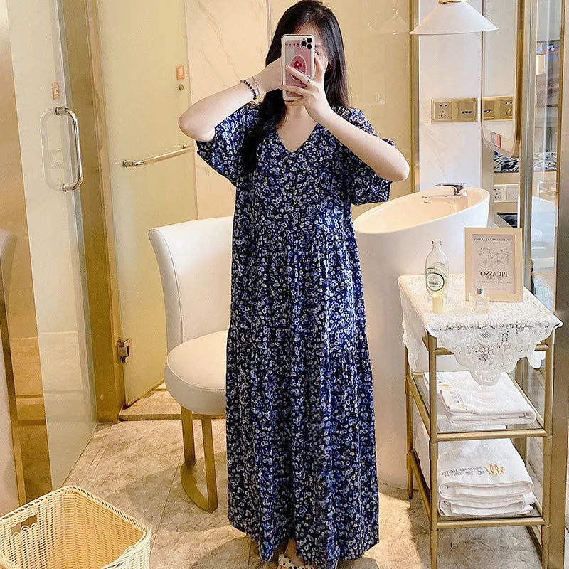 រ៉ូបវែងកូរ៉េថ្មីសម្រាប់ស្ត្រី រ៉ូបរដូវក្តៅដៃខ្លីកប្បាសបោះពុម្ព អាវគេងសម្រាប់ស្ត្រី
