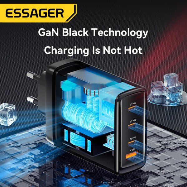 ឆ្នាំងសាក Essager 120W GaN ឆ្នាំងសាក 4 ក្នុង 1 USB C PD លឿនសម្រាប់ Macbook Laptop iPhone 17 16 15 14 Pro Max Samsung iPad ឆ្នាំងសាកលឿន