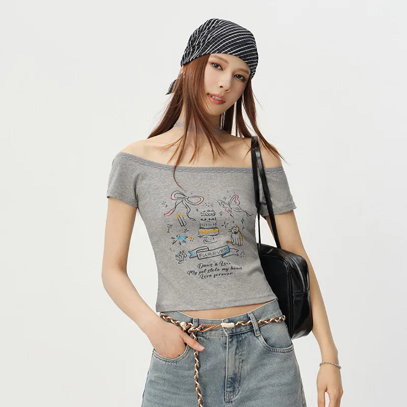 Semir Women Tshirt Lace One Shoulder Print Slim Cropped Top 2026 Summer Trendy