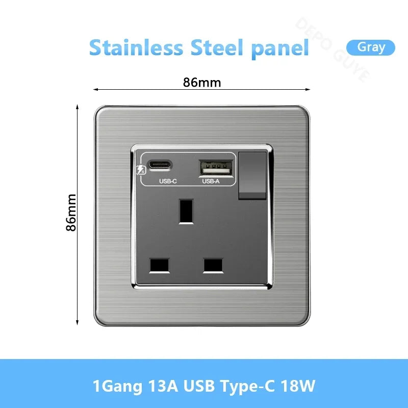 Universal Wall Light Switch Brushed Stainless steel Panel,UK Type-c 18W Quick Charging Socket 220V Double USB Electrical Outlet