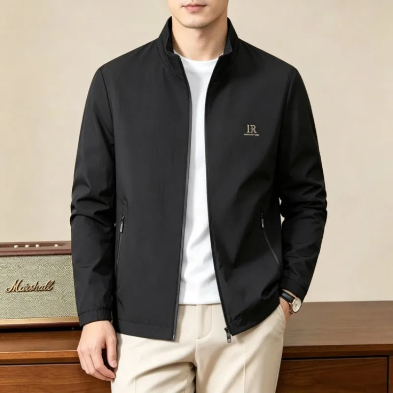 Men's Stand Collar Full Zip Jacket – Lightweight Casual Business Windbreaker with Zipper Pockets, Old Money Style