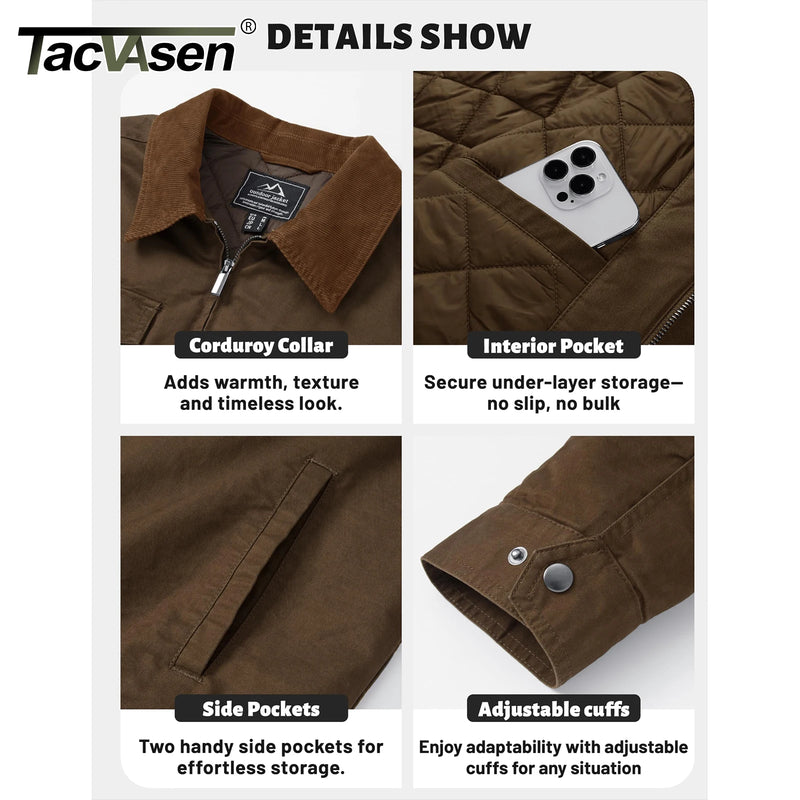 TACVASEN Quilted Cargo Jackets Lightweight Full Zip Corduroy Collar Jackets Cotton Casual Shacket Padded Coats with 5 Pockets