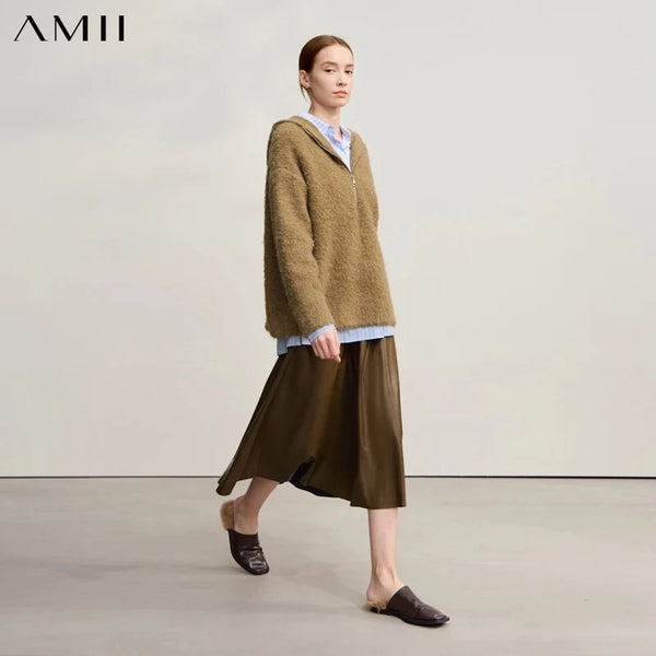 AMII Hooded Women's Sweater 2026 Winter New Shoulder Sleeve Zipper Loose Sweater For Woman Casual Knitted Pullover Top 12554064