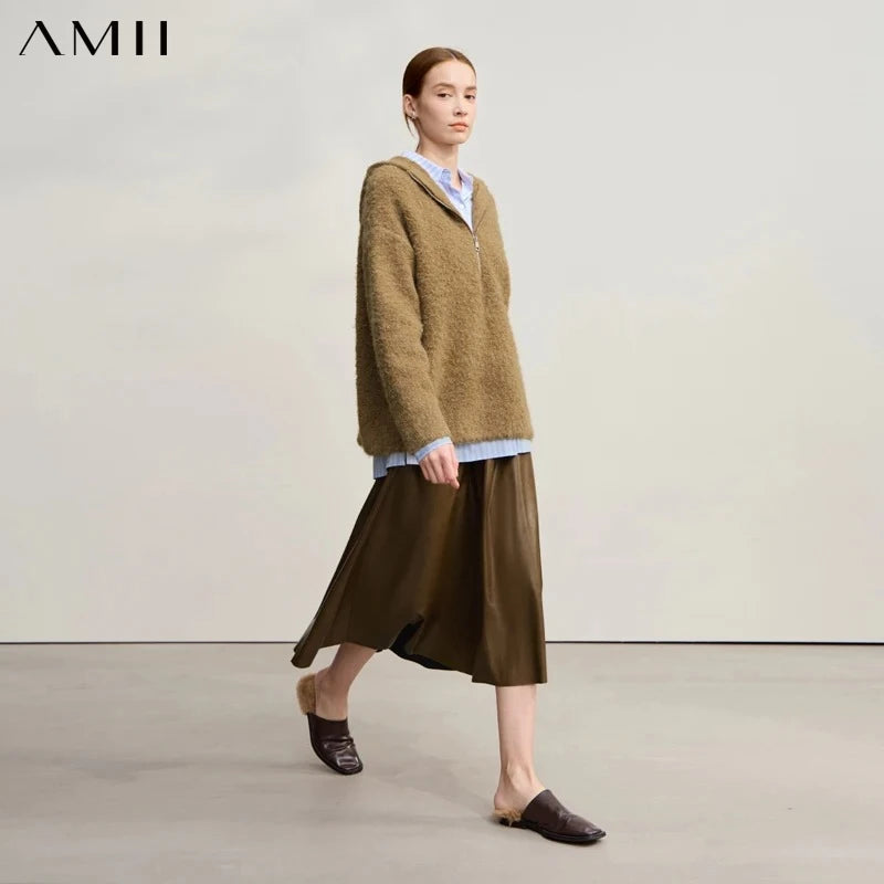 AMII Hooded Women's Sweater 2026 Winter New Shoulder Sleeve Zipper Loose Sweater For Woman Casual Knitted Pullover Top 12554064