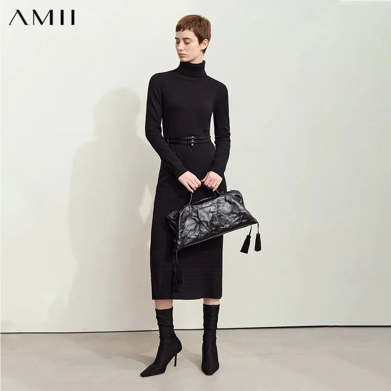 AMII Dresses for Woman 2026 Winter New Knitted Long Sleeves Women's Clothing Solid Elegant Thin Turtleneck Dress Ladies 12444163