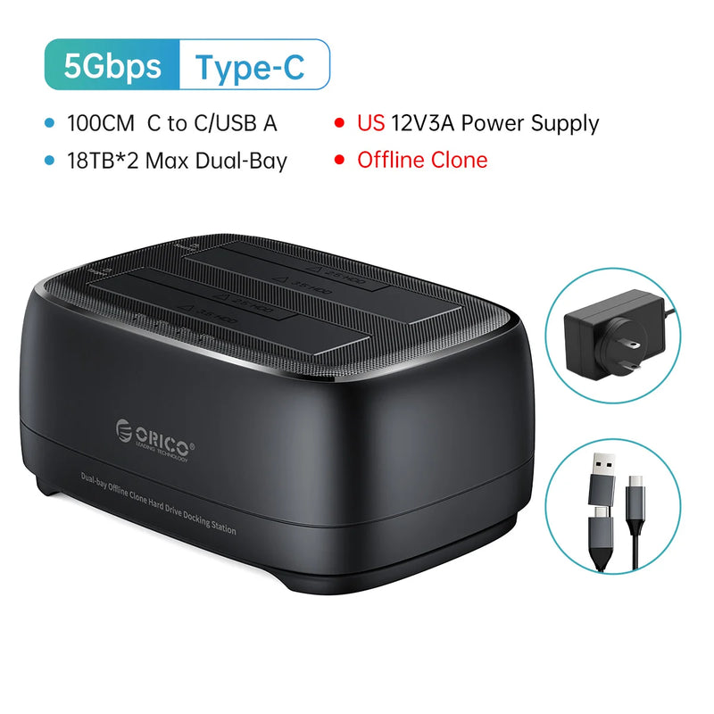 ORICO Offline Clone Hard Drive Docking Station USB3.0 & Type-C 5Gbps Dual-bay Hard Disk Enclosure 2.5/3.5 Inch HDD/SSD
