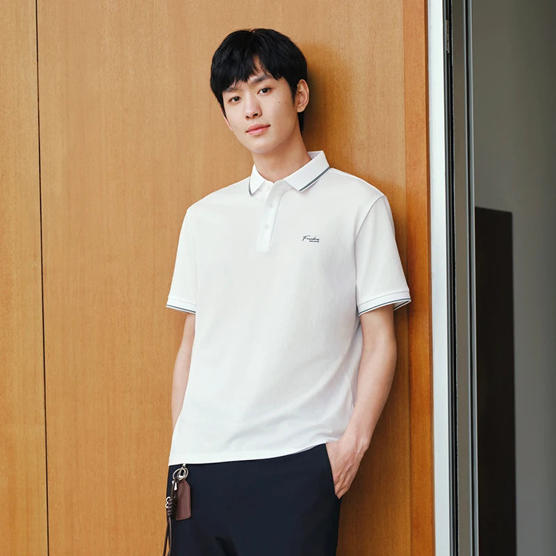 Semir Mens Polo 2026 Color Block Stripe Lapel Cool Feeling Letter Printed Simple Casual Soft